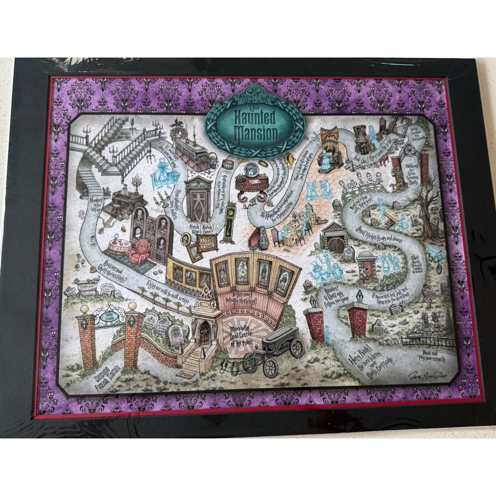 2026 Disney Parks Haunted Mansion Ride Map Dave Avanzino 14x18" Print Matted
